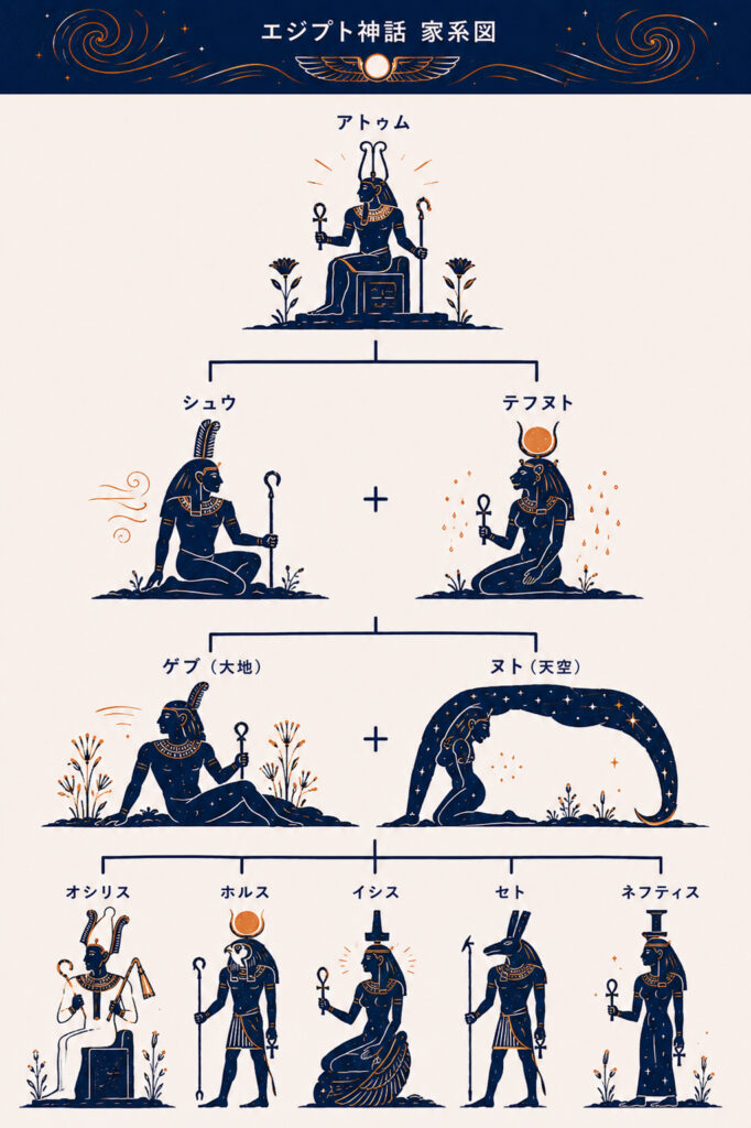 エジプト神話 家系図イラスト。アトゥムを頂点に、シュー・テフヌト、ゲブ・ヌトへと続くヘリオポリスのエネアドの系譜を、神々の姿とともに描いたイラスト版の系図。