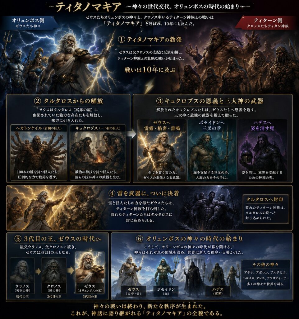 ギリシャ神話のティタノマキア(神々の戦い)を描いた参考イラスト。ゼウスとティタン神族の戦いと世代交代の流れを図解。