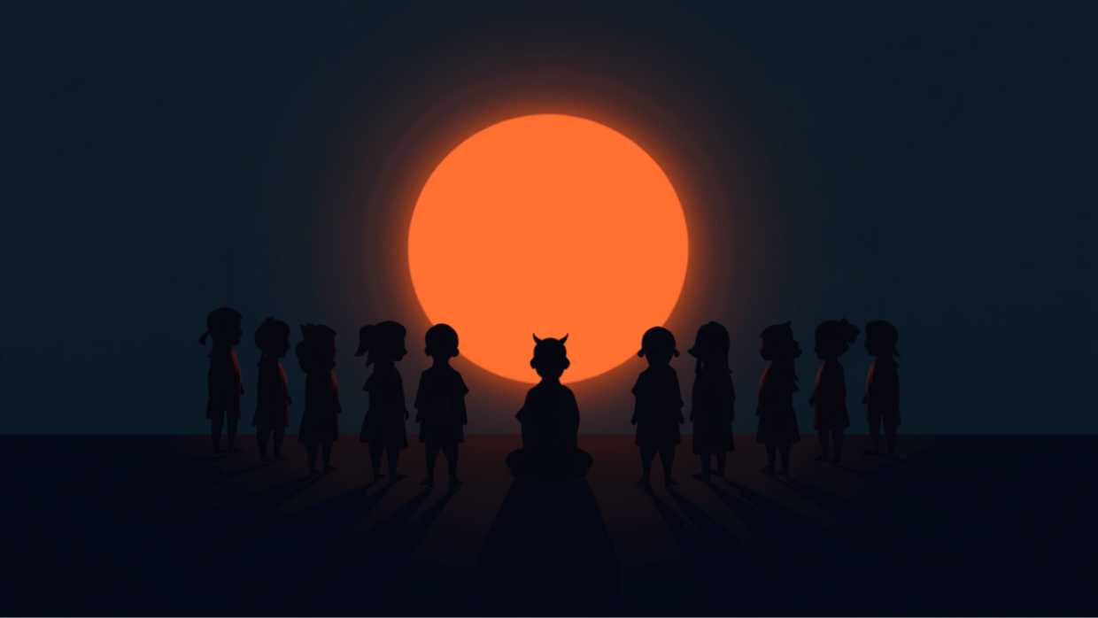 夜の輪の中心で目隠しをした子供を、他の子供たちが取り囲むシルエット。「かごめかごめ」のイメージ