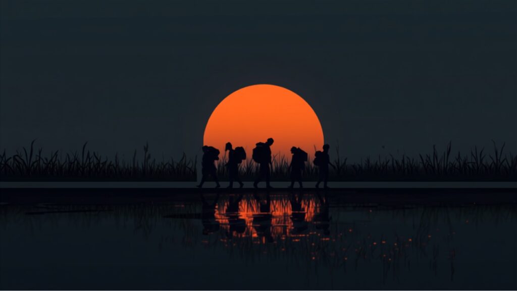 荷物を抱えた人々の列が夜の水辺を歩き、たどり着いた地で平坦で低い太陽が発する光に影が映る
