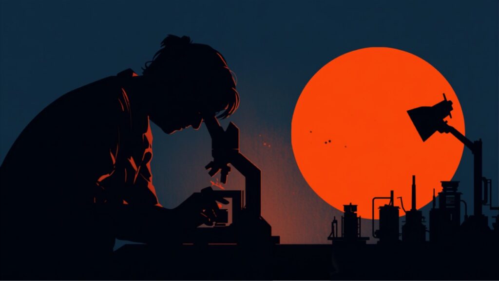影絵風のイラスト。顕微鏡で見た赤い球状の細胞。DNAは検出されなかった。
