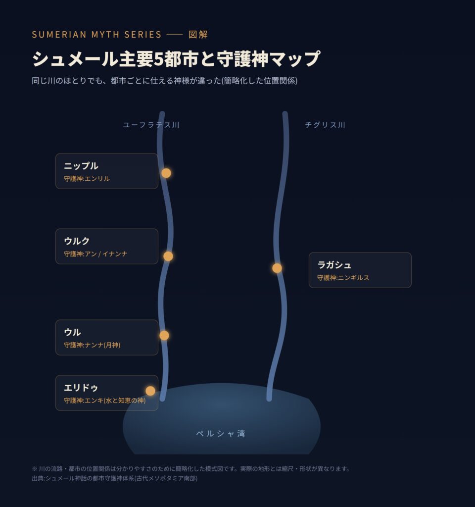 シュメール主要95都市と守護神のマップ図解