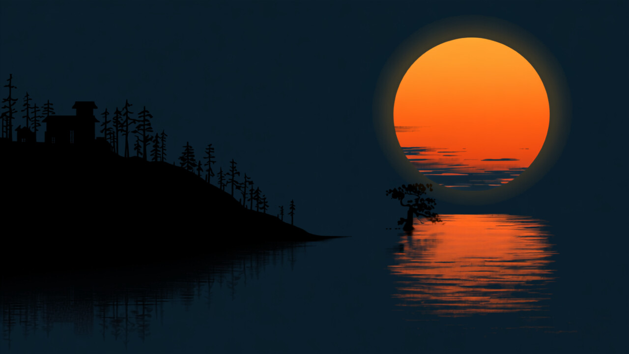 集落のあった丘と、そこに迫る水面に沈みかけた木のシルエット、大きな夕日